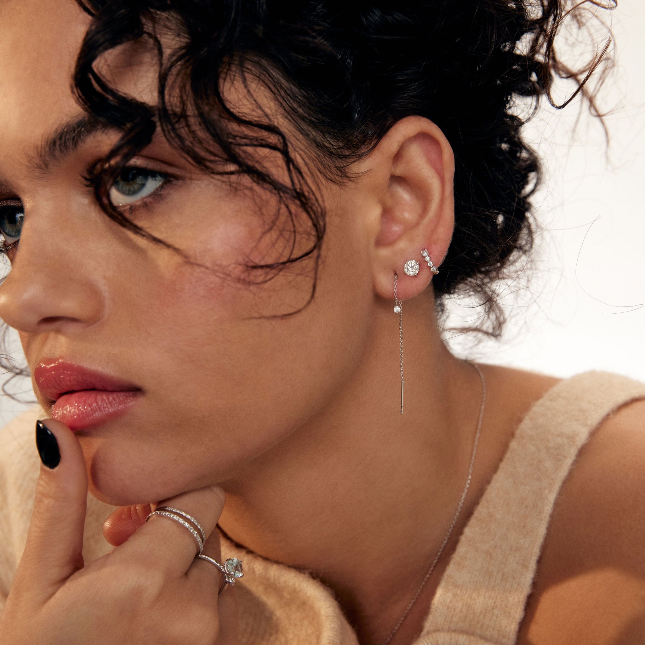 Petite stone thread Earrings (2mm/ single) - 14K/ 18K Gold